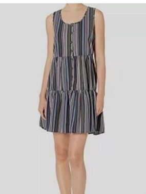 Mododoc Blue Sandcastle Striped Button Front Tiered Tank Dress